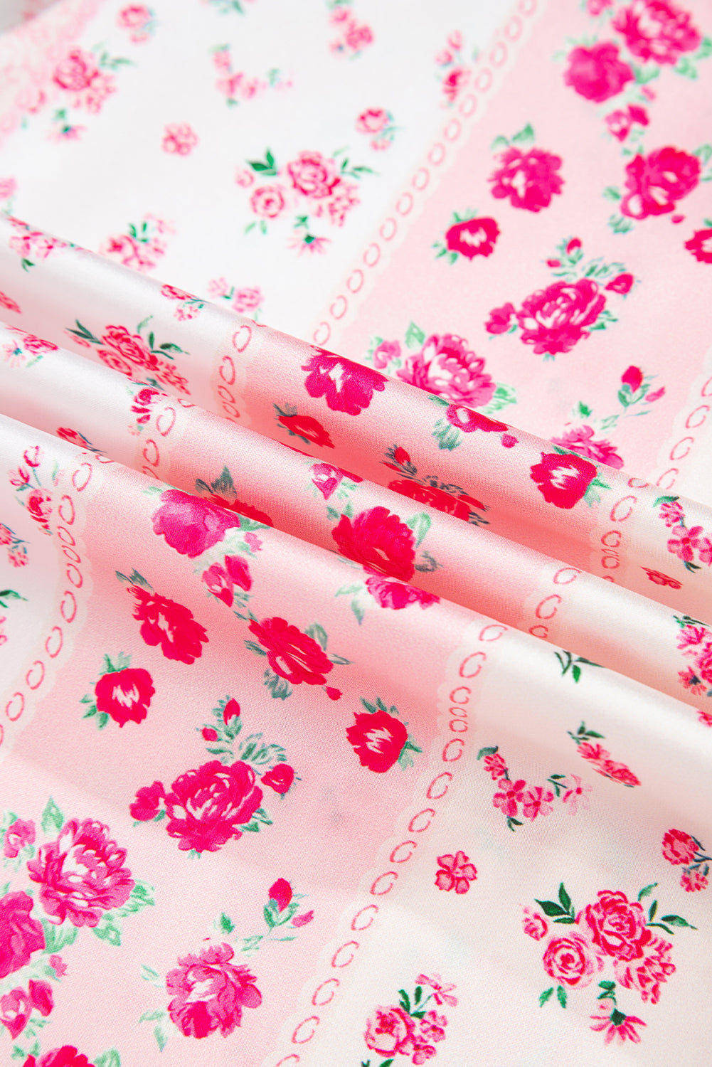 Pink Mixed Floral Print Contrast Piping Trim Satin Tie 2pcs Pajama Set