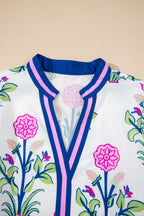 White Floral Print Contrast Striped Trim Notched Neck Long Sleeve Dress