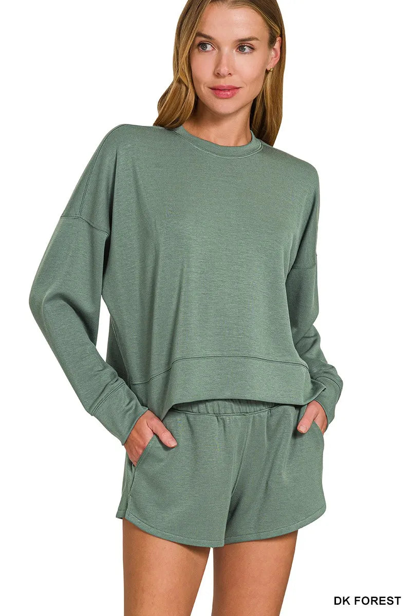Zenana Scuba Long Sleeve Sweatshirts & Shorts Set