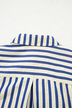 Blue Stripe Collared Half Button Side Pockets Loose Fit Mini Dress