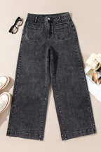 Black Chic Patch Pocket Straight Leg Loose Jeans