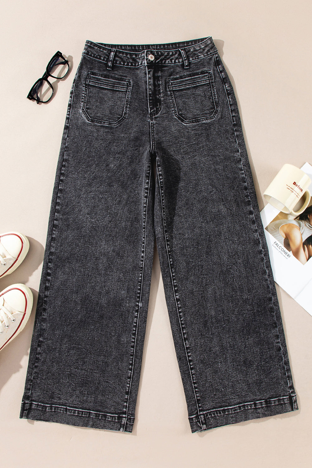 Black Chic Patch Pocket Straight Leg Loose Jeans