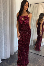 Red Dahlia Satin Bow Decor Sequin Strapless Long Party Dress