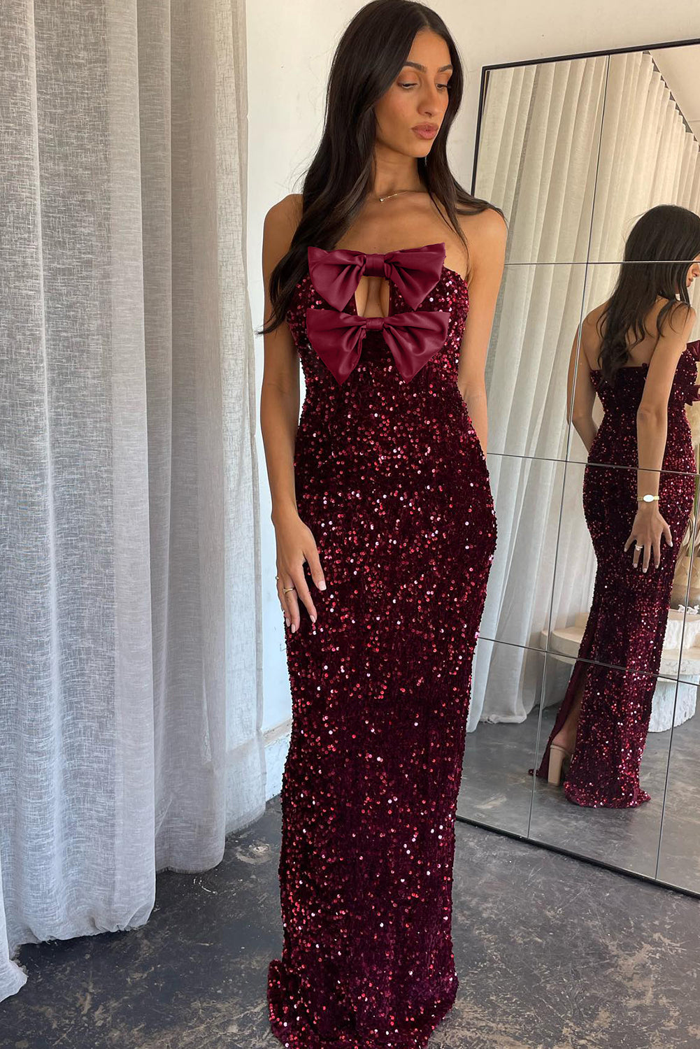 Red Dahlia Satin Bow Decor Sequin Strapless Long Party Dress