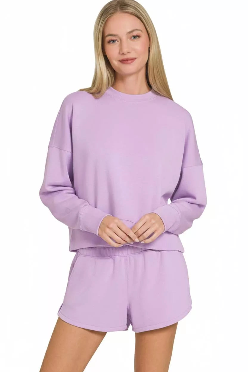 Zenana Scuba Long Sleeve Sweatshirts & Shorts Set