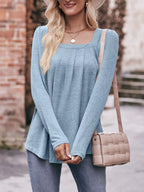 Pleated Square Neck Long Sleeve T-Shirt