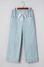 Sky Blue Stripe Mid Rise Drawstring Waist Jeans