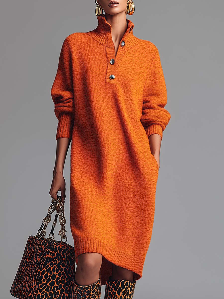 Vibrant Orange Lapel Button-Front Knit Midi Dress - Elegant & Comfortable for All Occasions