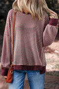 Red Stripe Ribbed Trim Drop Shoulder Long Sleeve Oversize Top