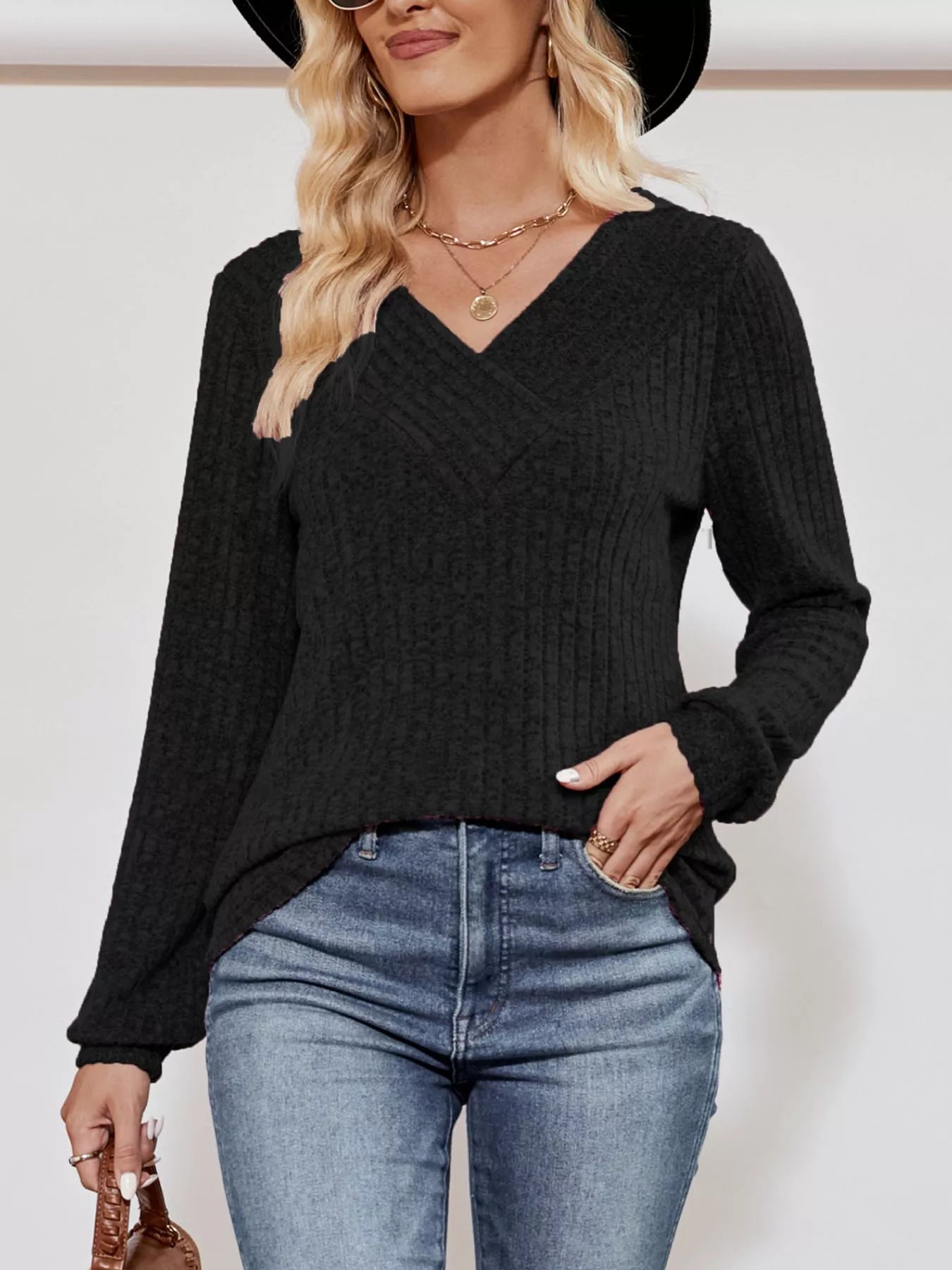Ribbed Knit V-Neck Long Sleeve T-Shirt