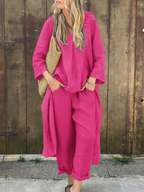 Women's Linen Blend V-Neck Long Sleeve Loose Top & High-Waisted Wide-Leg Pants Set - Perfect for Spring Casual Wear