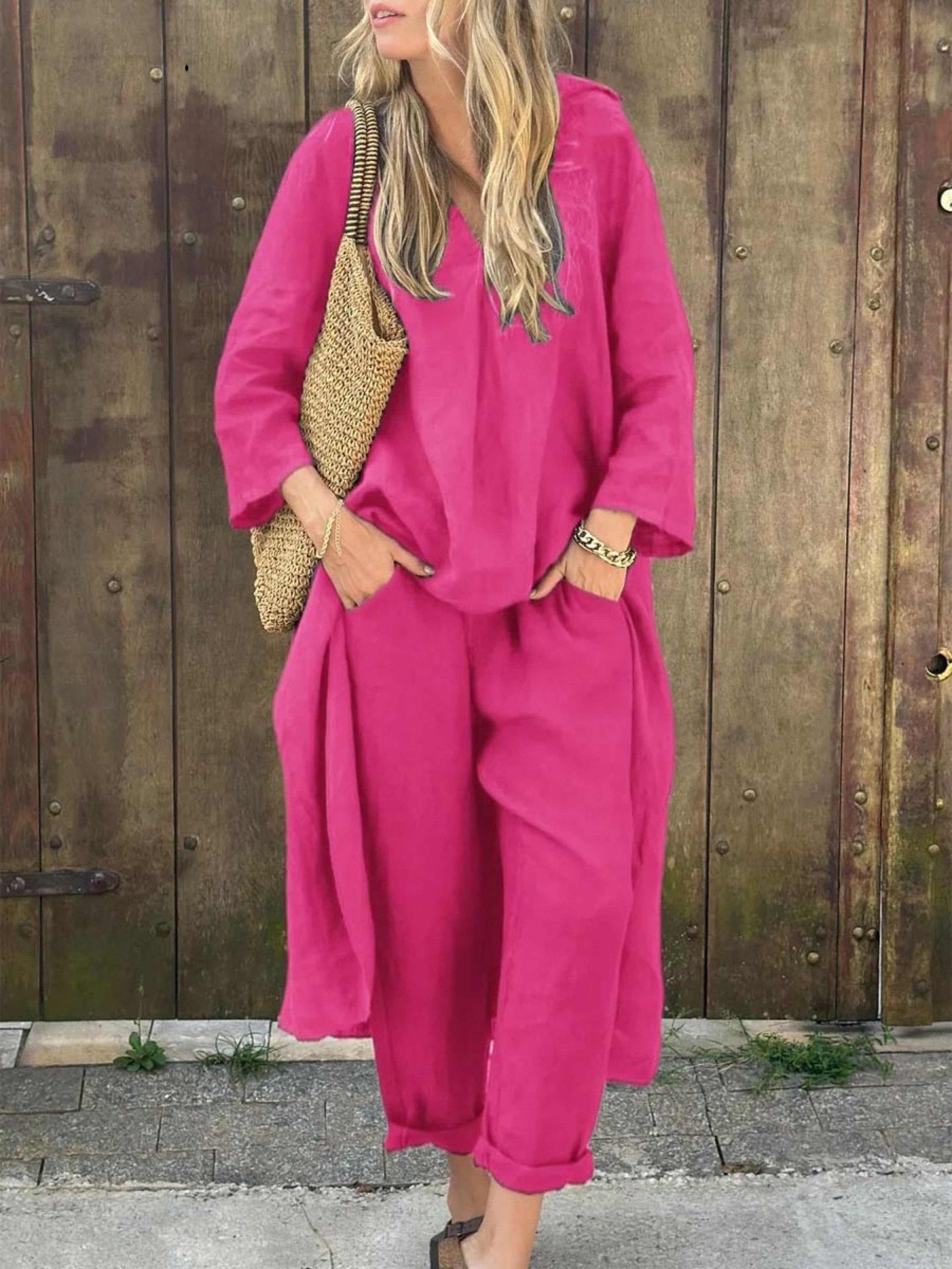 Women's Linen Blend V-Neck Long Sleeve Loose Top & High-Waisted Wide-Leg Pants Set - Perfect for Spring Casual Wear