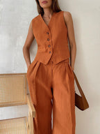 Women's Elegant V-Neck Pleated Cotton and Linen Wide-Leg Pants Suit - Sleeveless, Breathable, Casual Chic Set