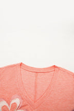 Fresh Salmon Floral Patchwork V Neck Long Sleeve T Shirt