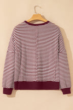 Red Stripe Ribbed Trim Drop Shoulder Long Sleeve Oversize Top
