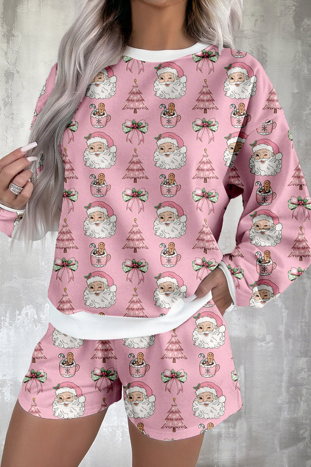 Women's Pink "Ho Ho Ho" Christmas Fashion Print 2-Piece Lounge Short Set - Long Sleeve Top & Shorts