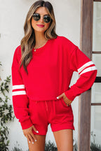 Fiery Red Varsity Striped Sleeve Drop Shoulder Sweatshirt and Short Set