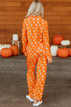 Orange Halloween Print Lapel Shirt Long 2pcs Pajama Set