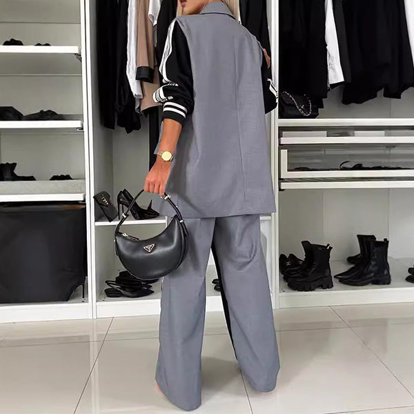 Chic Patchwork Double-Breasted Blazer and Pants Set - Elegant Two-Piece Outfit for Women