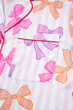 Pink Striped Bow Print Contrast Piping Trim Shirt and Pants 2pcs Pajama Set