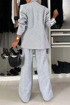 Chic Contrast Lapel Collar Buttoned Top and Pocketed Pants Two-Piece Set - 100% Polyester