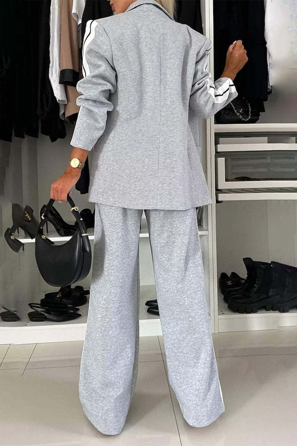 Chic Contrast Lapel Collar Buttoned Top and Pocketed Pants Two-Piece Set - 100% Polyester