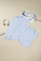 Sky Blue Bow Print Long Sleeve Shirt & Pants Pajama Set - Soft & Cozy Sleepwear for Women