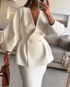 Elegant Women's V-Neck Solid Color Top and Skirt Two-Piece Set - Casual, Daily, Holiday, Going Out - Polyester