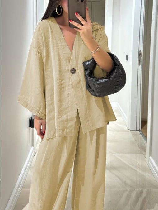 Women's Casual V-Neck Top and Matching Pants Two-Piece Set for Daily, Holiday, and Going Out