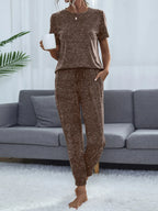 Round Neck Short Sleeve Top and Pants Lounge Set