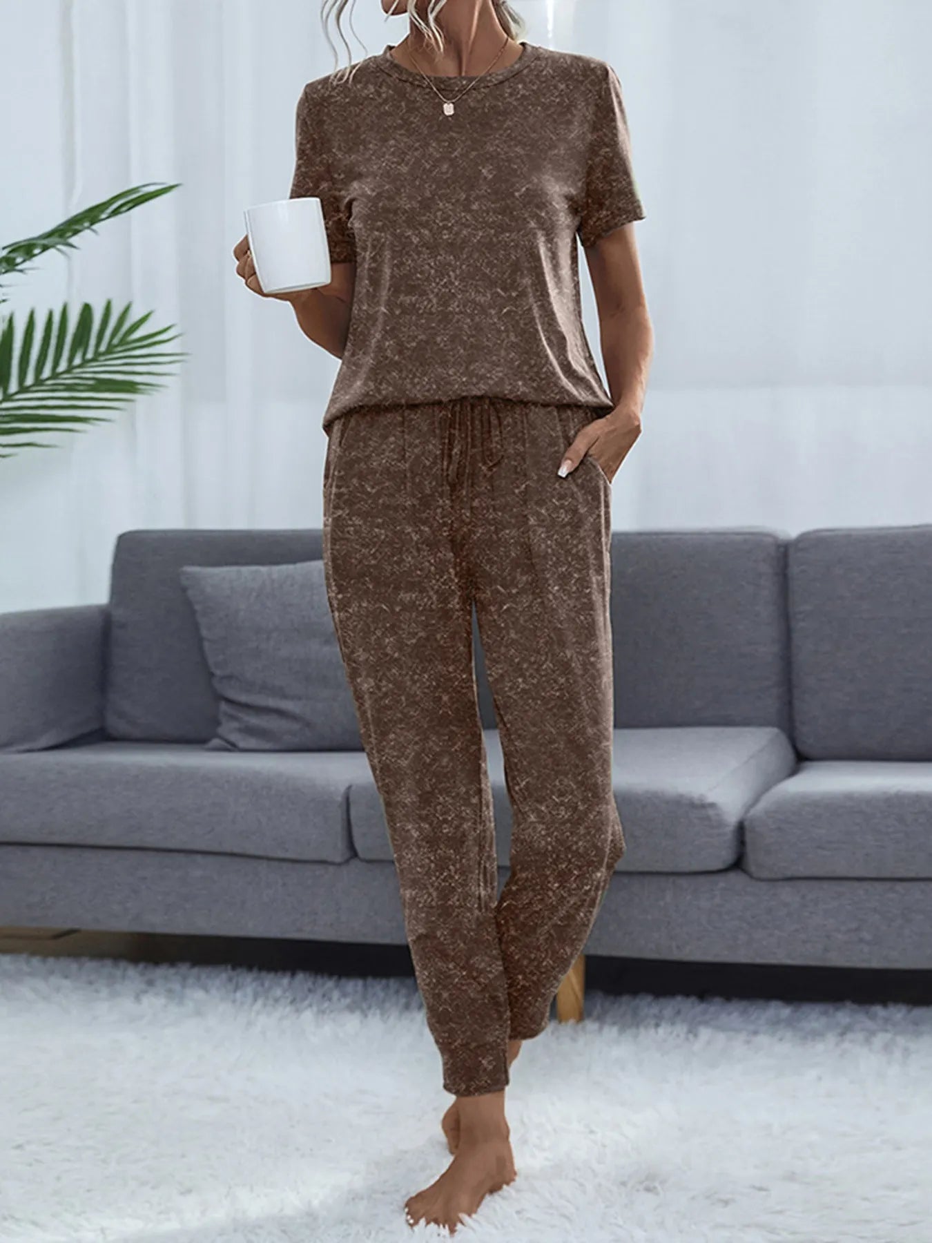 Round Neck Short Sleeve Top and Pants Lounge Set