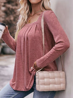 Pleated Square Neck Long Sleeve T-Shirt