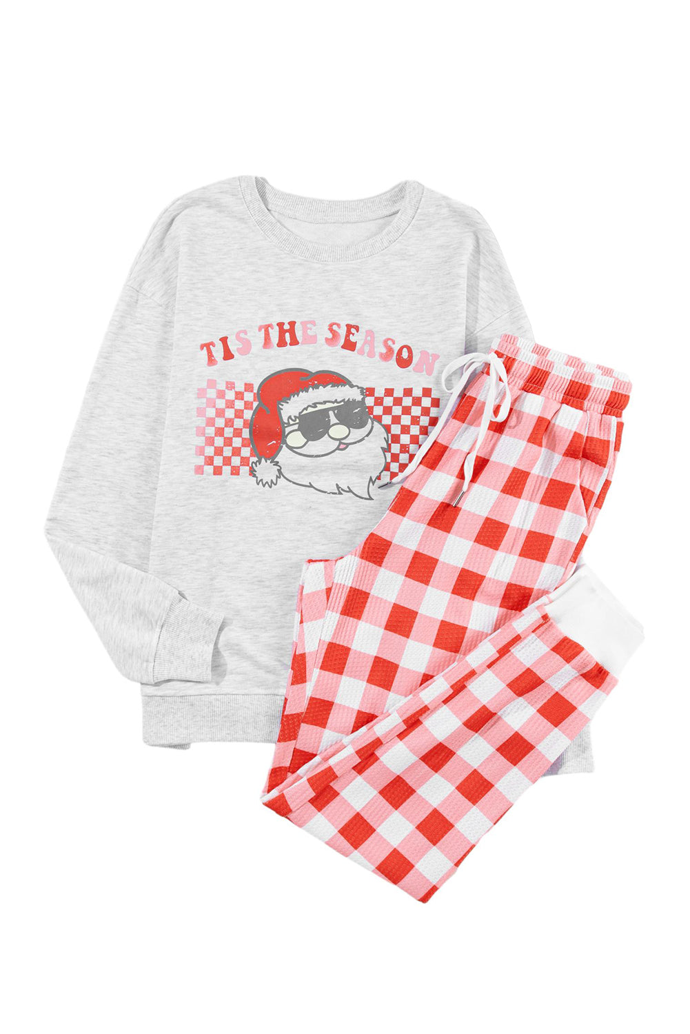Cozy Multicolor Christmas Claus Graphic Top & Plaid Pants Lounge Set for Women