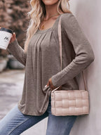 Pleated Square Neck Long Sleeve T-Shirt