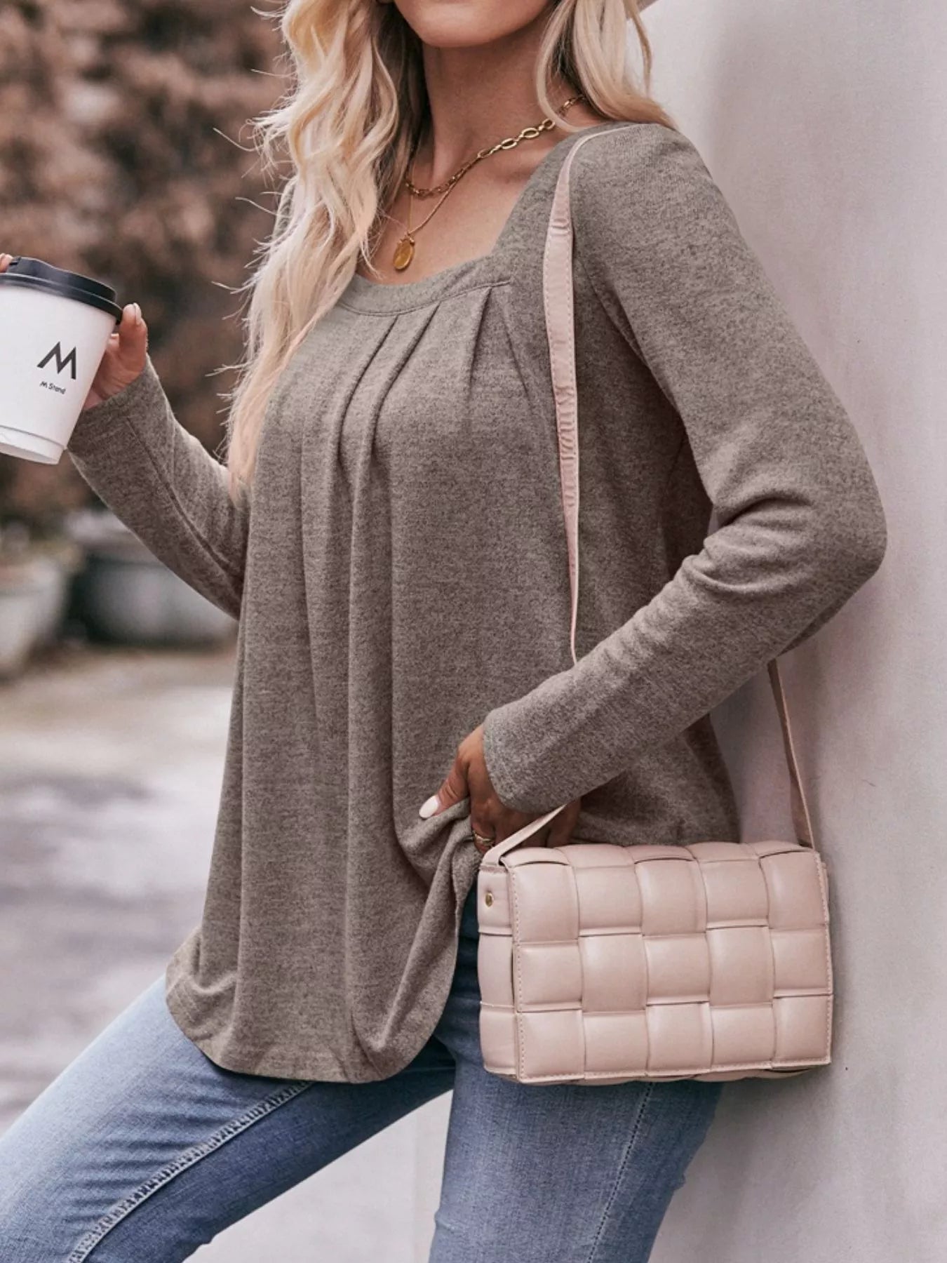 Pleated Square Neck Long Sleeve T-Shirt