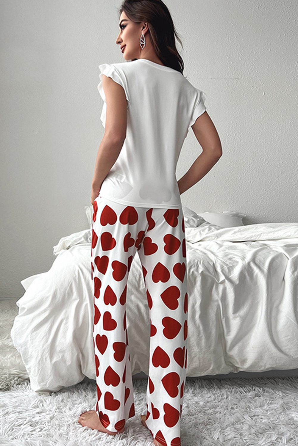 Red Ruffled Tank Top & Heart Print Pants - Cozy & Stylish Lounge Set for Women