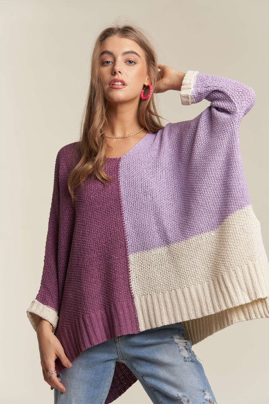 Adora Side Slit Color Block Long Sleeve Sweater