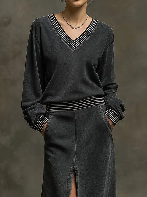 Stylish Retro Striped Ribbed Top & Slit Maxi Skirt Set - Comfortable & Versatile Outfit