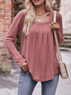Pleated Square Neck Long Sleeve T-Shirt