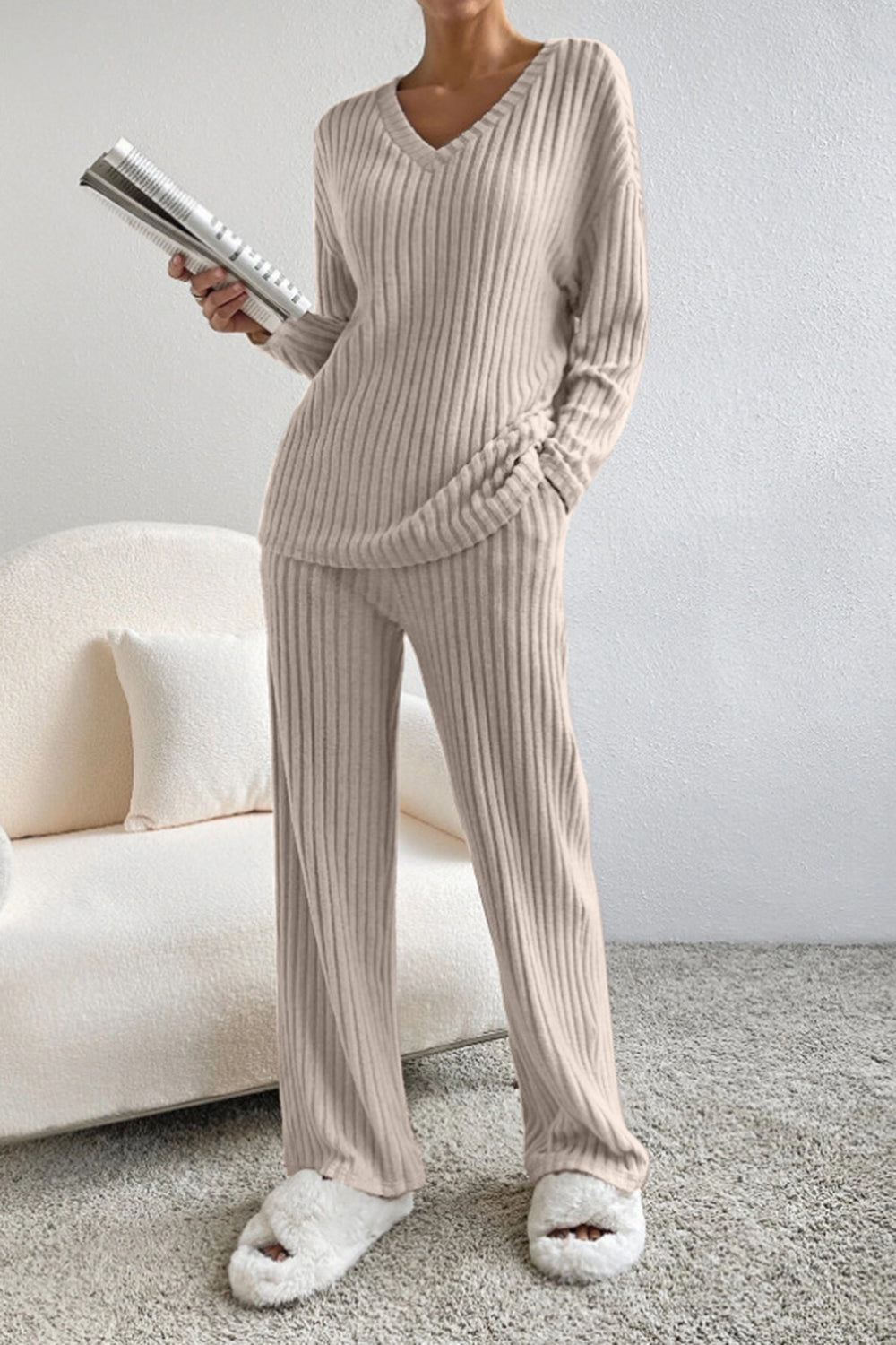 Women's Ribbed V-Neck Top and Pants Loungewear Set - Comfortable & Stylish