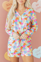 Pink Valentines Candy Heart V Neck Collared Tunic Shirt and Shorts 2pcs Pajama Set for Women