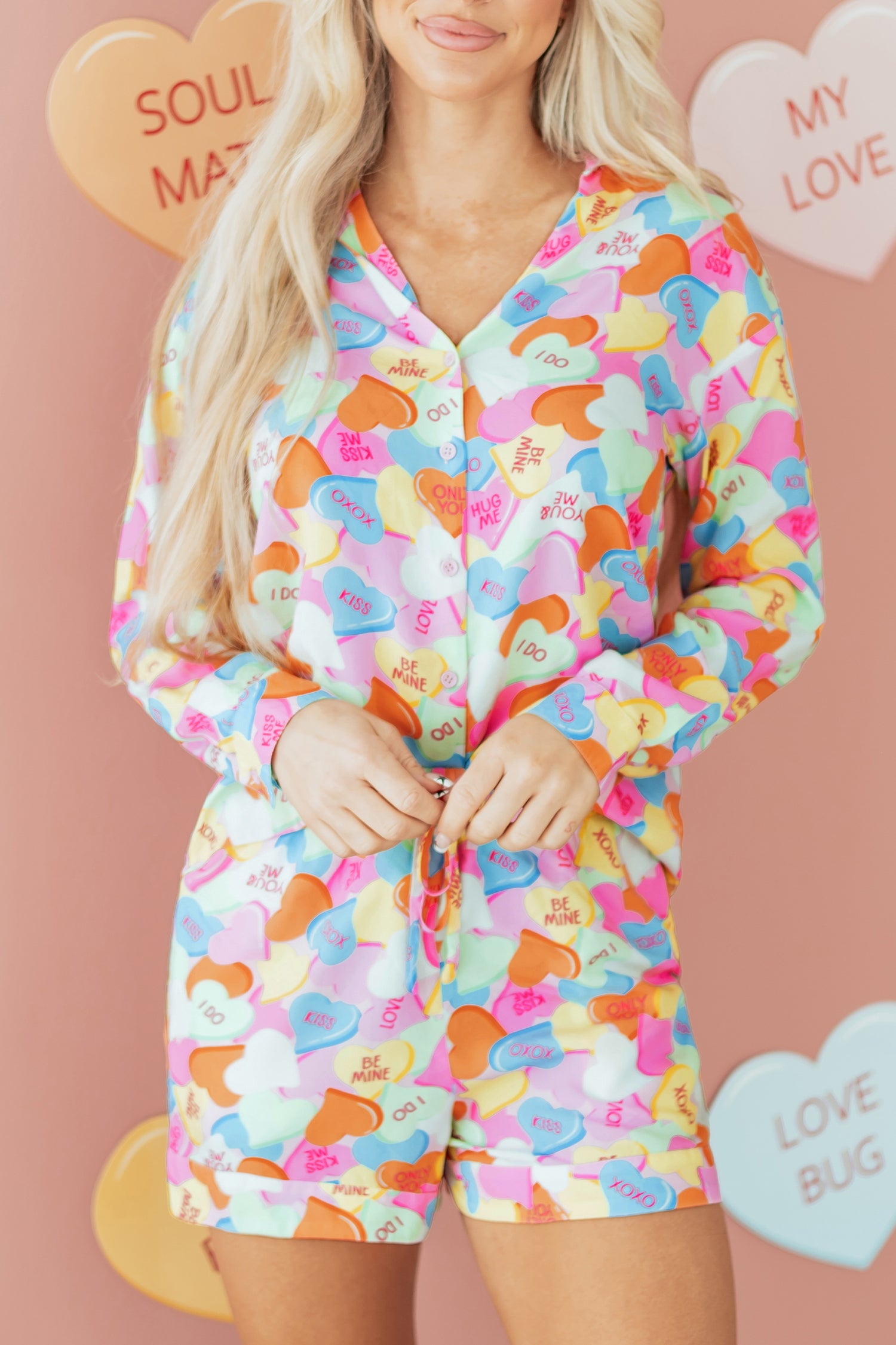 Pink Valentines Candy Heart V Neck Collared Tunic Shirt and Shorts 2pcs Pajama Set for Women