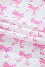 Cute Pink Bowknot Printed Short Sleeve Pajama Set with Ruffled Shorts