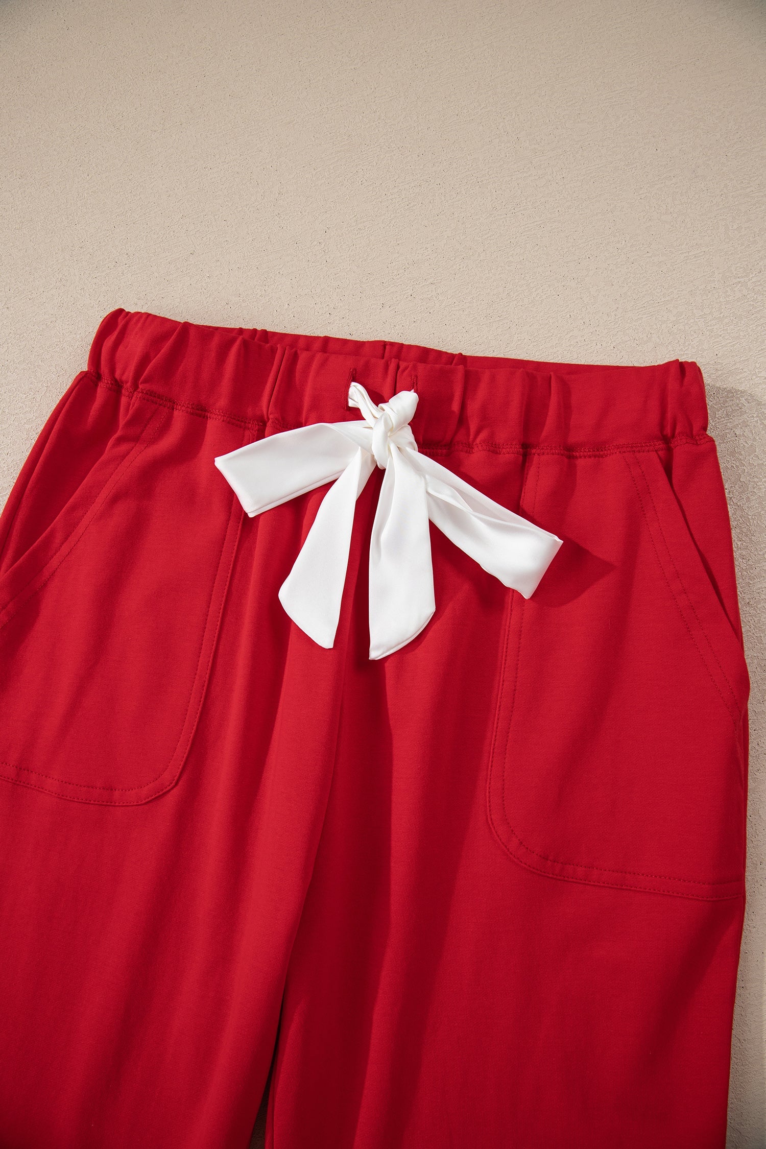 Fiery Red Contrast Trim Button V Neck Ribbon Bow Knot Waist 2pcs Lounge Pant Set