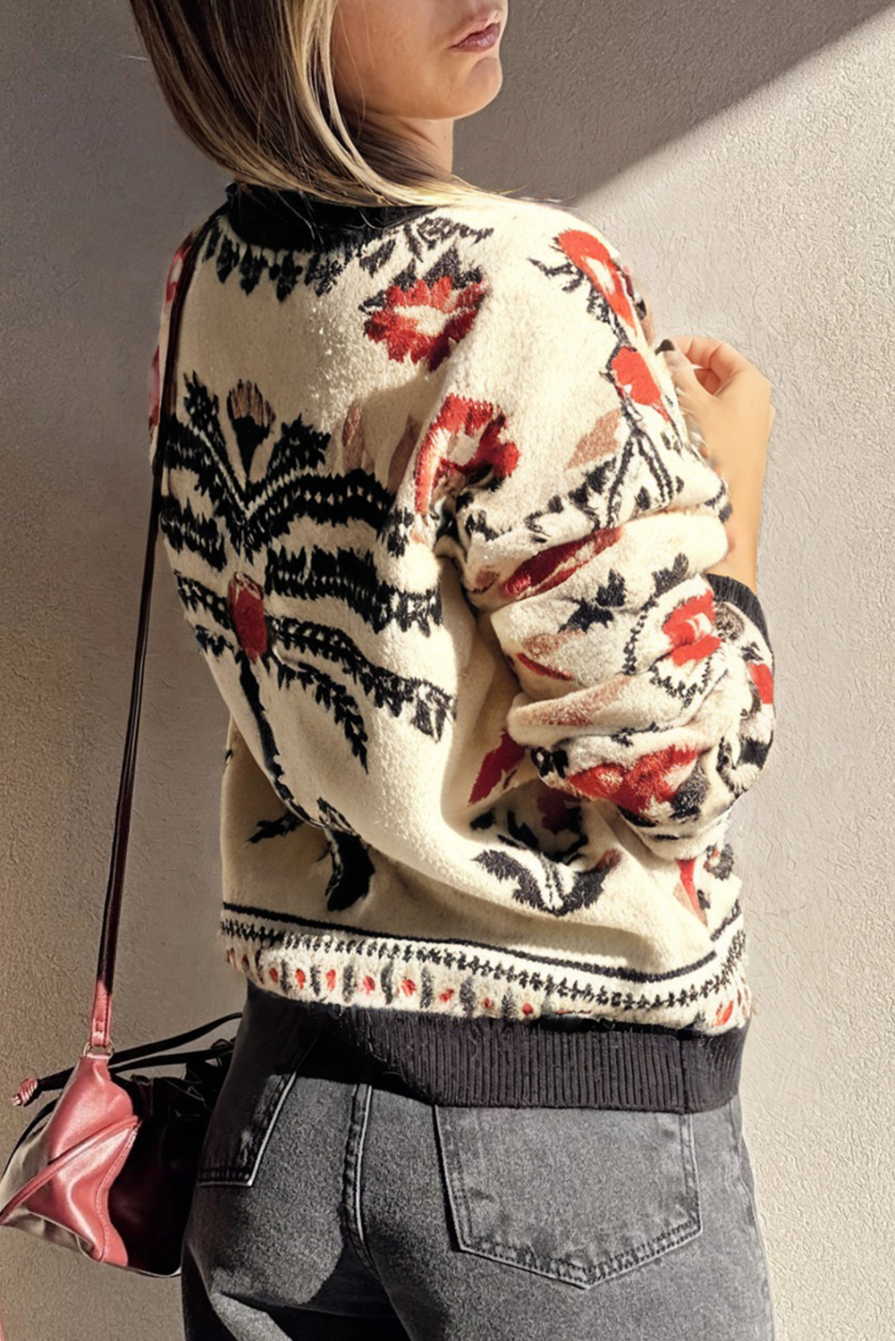 Beige Floral Print Buttoned Front V Neck Knit Cardigan