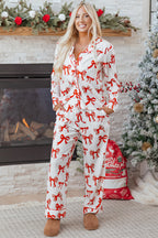 Festive Red Bow Print Long Sleeve 2-Piece Pajama Set for Christmas