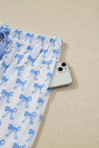 Sky Blue Bow Print Long Sleeve Shirt & Pants Pajama Set - Soft & Cozy Sleepwear for Women