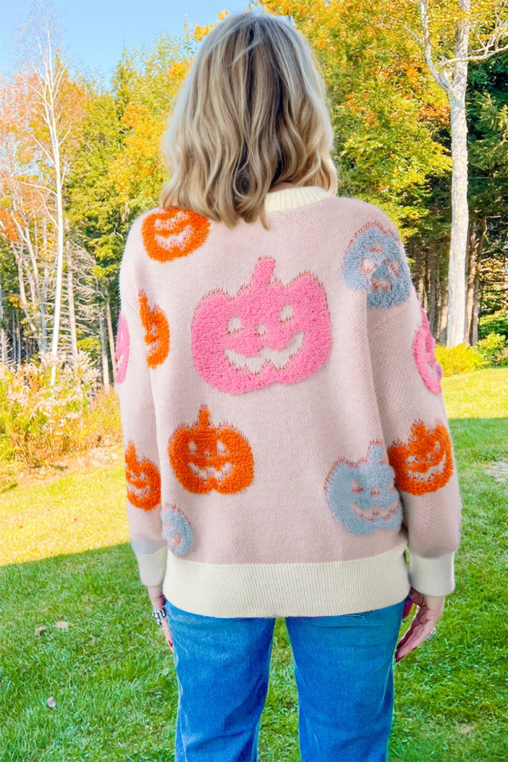 Beige Halloween Cute Pumpkin Pattern Sweater
