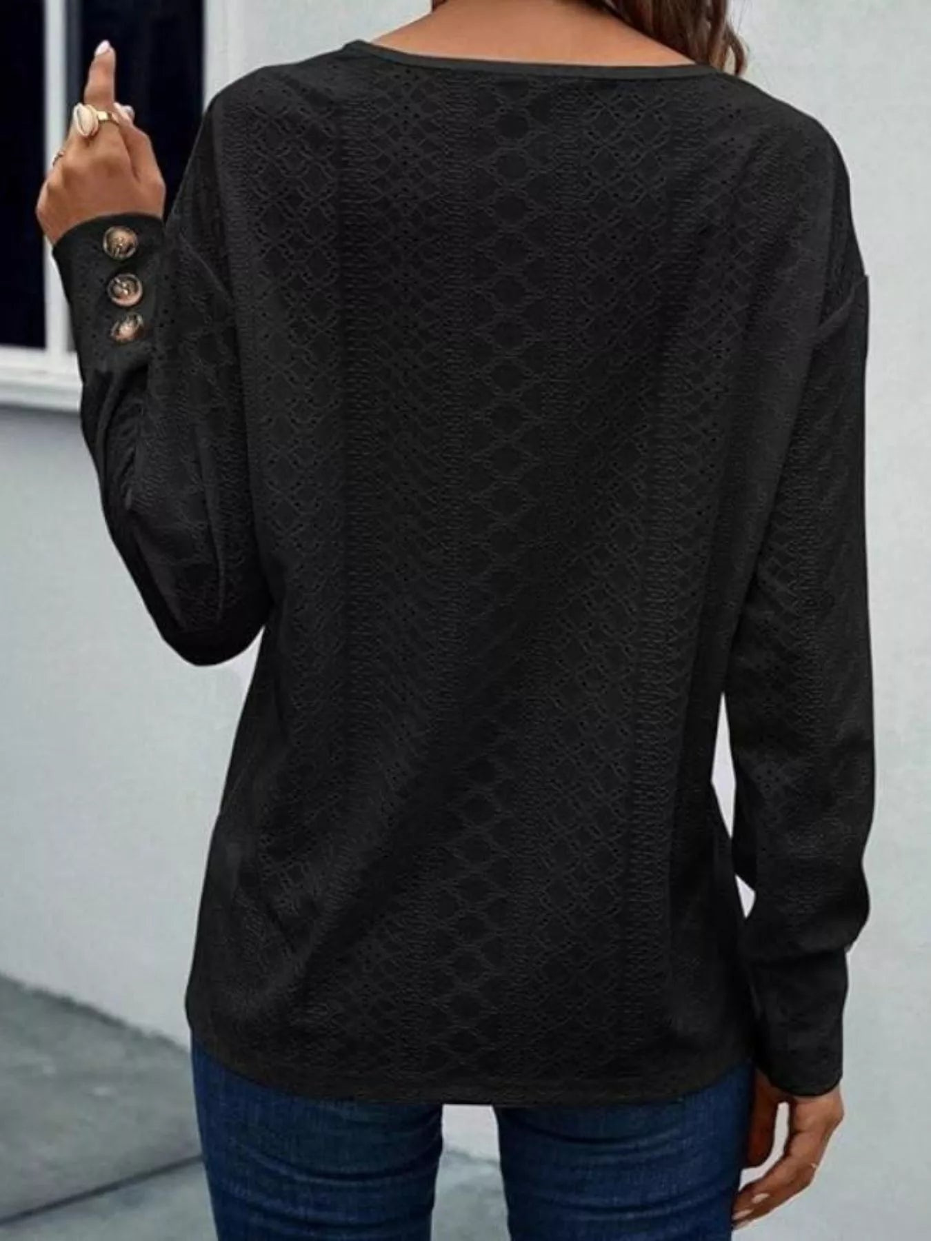 Eyelet V-Neck Long Sleeve T-Shirt