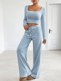 Striped Square Neck Long Sleeve Top and Pants Lounge Set